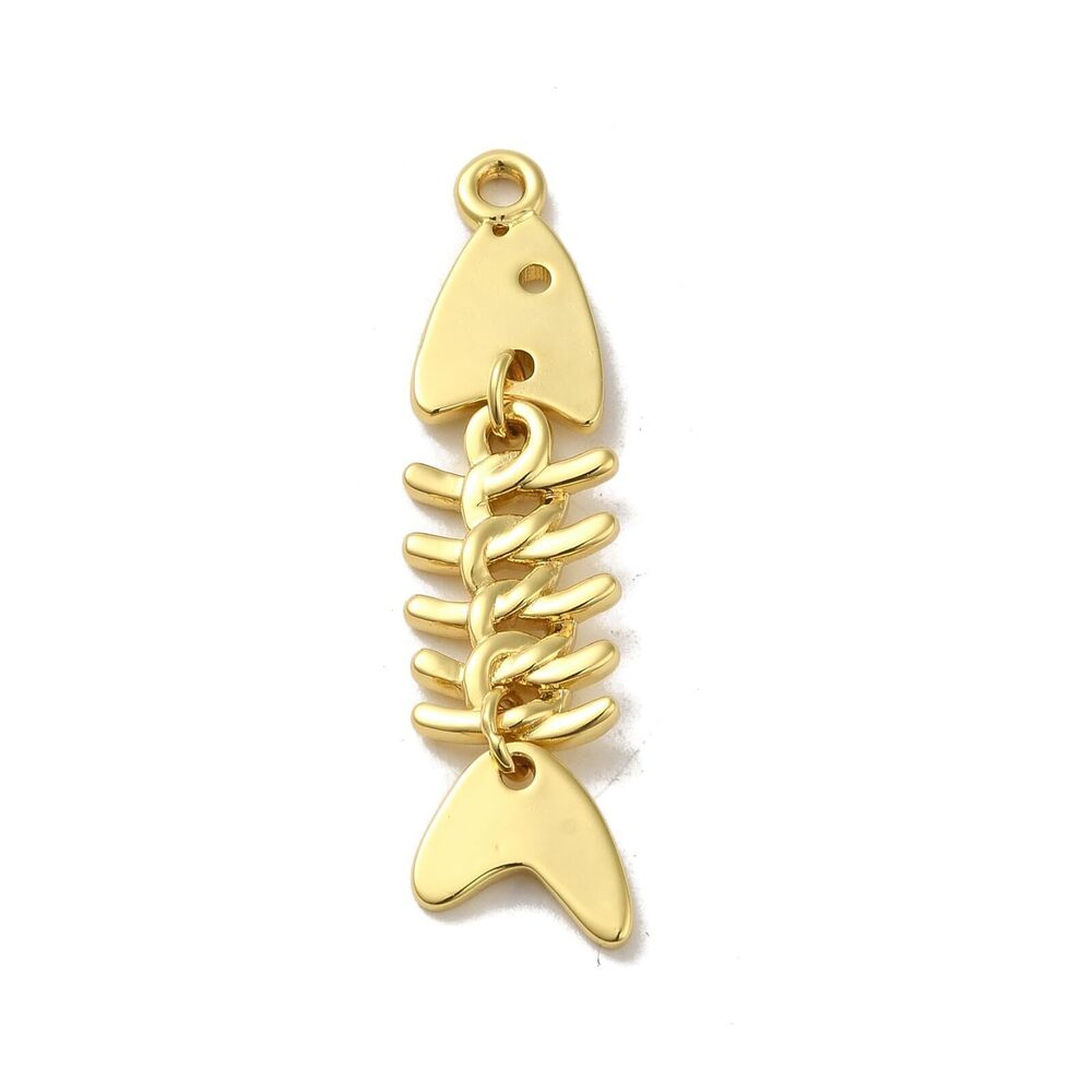 9140 5 Pcs Brass Fish Bone Charms 18K Gold Plated Fish Skeleton Ocean Sea